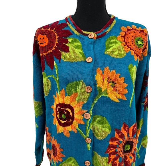 Design Options Philipe Jayne Bright Pattern Floral Blue  Cardigan Sweater Size L - Picture 4 of 8